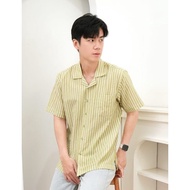 HIJAU KEMEJA Sage Stripe Short Sleeve Shirt /Green Open Collar II Relaxed Fit Casual Office Wear Kem