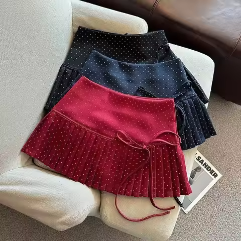 Preppy Varsity Korean Japan Style Sweet Bloe Gyaru Women's short skirt Polka Dot Solid color Bow Ple