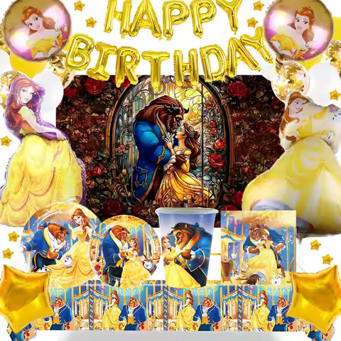 Disney Beauty And The Beast Birthday Party Decorations Supplies Belle Princess Backdrop Child Girl F