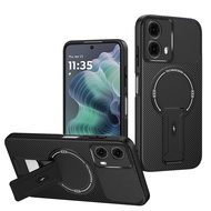 For Motorola Moto G35 5G Case Carbon Tecture Hard Back Soft Edges Foldable Stand Shockproof Anti-dro