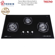 Tecno | 86cm 3-Burner Built-In Glass Gas Hob with Inferno Wok Burner | T3388TGSV/BK | T3388TGSV/GY |