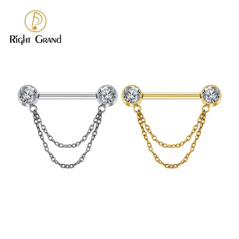 Right Grand ASTM F136 Titanium Double Chain Dangle Sparkle CZ Threadless Nipple Ring 14 Gauge Barbel