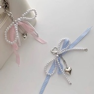 Ins Style Pink and Blue Plaid Pearl Bow Heart Keychain Bag Pendant Keychain Mobile Phone Chain Acces