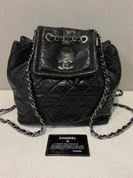 CHANEL VINTAGE 香奈兒中古黑銀油蠟皮雙肩包後背包