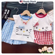 Hello Kitty Two-piece Set Suit Baby Girl Kids Flying Sleeveless Casual Suit儿童套装凯迪猫休闲格子飞袖蝴蝶结T恤+短裤两件套
