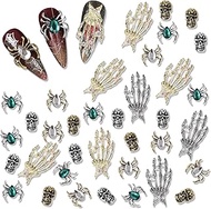 WOKOTO 60Pcs 3D Halloween Nail Art Charms Silver And Gold Halloween Charms For Nails Skulls Skeleton