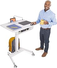 Stand Steady Cruizer™ Mobile Podium with UL Safety Certified Power Outlets | 31in Height Adjustable Student Desk with Built-In Storage | Portable Standing Desk | Rolling Laptop Desk (White/31 x 22in)