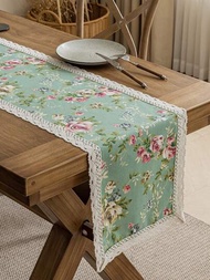 1入組美式綠玫瑰印花單層蕾絲桌布，復古鄉村風格花卉設計，適用於農舍裝飾、野餐露營、派對和節日裝飾。