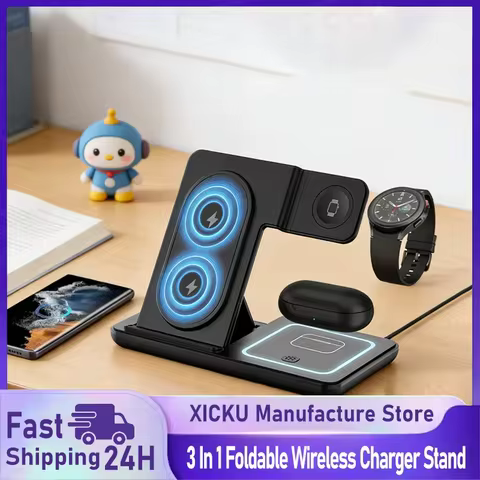 3 In 1 Foldable Wireless Charger Stand LED Fast Charging Station for Samsung S24 S23 Galaxy Watch 2-