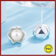 Temperament Lucky Grass Pearl Silver Plated Women's Stud Earrings