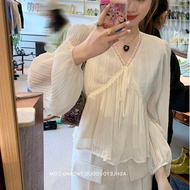 Korean Style Women Ladies Loose V Neck Lace Long Sleeve Shirt Blouse Baju Baju Wanita Lengan Panjang