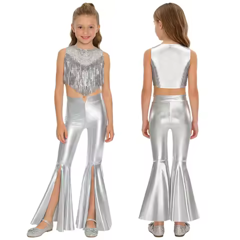 Girls 70s Disco Dance Costume Halloween Carnival Hippie Cosplay Outfit Metallic Sequin Tassel Crop V