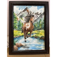 Running Horse Painting Natural View Watercolor Size A3/29.7x42cm With Glass Frame Can Be Hung And Se