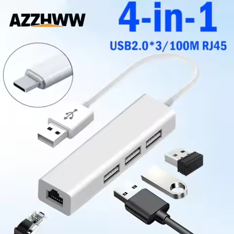 3 Port USB Hub Expander Splitter With RJ45 10/100Mbps Ethernet Adapter Type-C/USB to Ethernet Adapte