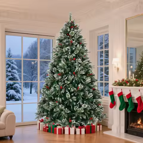 Artificial Christmas tree with 8-foot snow frost pre decoration, equipped with pine cone and berry m