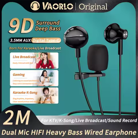 2Meters Live Streaming Karaoke Wired Earphones 9D HiFi Heavy Bass Dual Mic Headsets 3.5mm AUX/Type-C