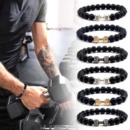 Black Beads Charm Dumbbell Strand Bracelets Unisex Yoga Fitness Black Matte Adjustable Stretch Bracelet Lava Volcanic