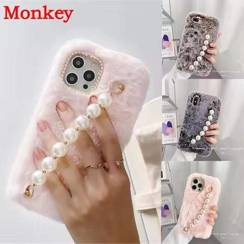 3D Plush Fur Pearl Wrist Strap Phone Case For Huawei P50 P40 P30 P20 Lite Mate 20 10 Pro P smart 201