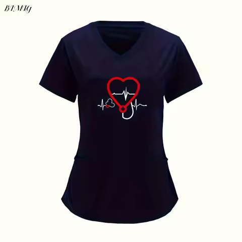 Women'S Casual V-Neck Nurse T-Shirt with ECG Heart Print Hospital T-Shirt Short Sleeve Medical Scrub