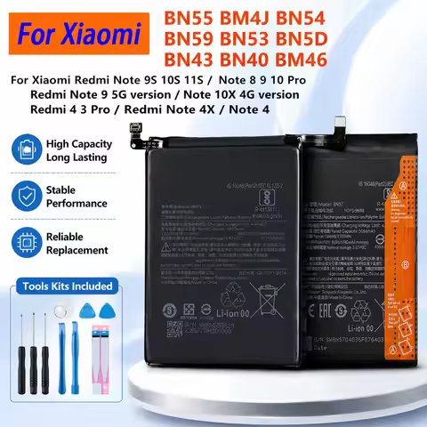 Replacement Battery for Xiaomi Redmi Note 9S 10S 11S Note 4 4X 3 8 9 10 Pro 10X BN55 BM4J BN54 BN59 