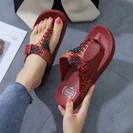 【Piggy】Korean Fitflop stitching color female wear-resistant thick-soled non-slip slope heel slippers