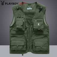 PLAYBOY Mens Vest Spring and Autumn New Mesh Quick Drying Casual Outdoor Multi bag Fishing Photograp