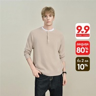 GIORDANO เสื้อไหมพรมผู้ชาย ฤดูใบไม้ร่วง‑หนาว คอเฮนลี่ ถัก 12‑Gauge พลาเก็ตครึ่ง สไตล์สุภาพ ทรงหลวม ล