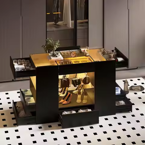 Modern Closet Island with 10 Drawers, LED Wardrobe Armoire Island with Glass Top, Luxury Walk-in Clo