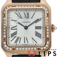 卡地亞 Santos Dumont SM 腕錶，鑲鑽錶圈，WJSA0017，含保固卡，K18PG/皮錶帶，女士腕錶，銀色，拋光，成色極佳 [二手]