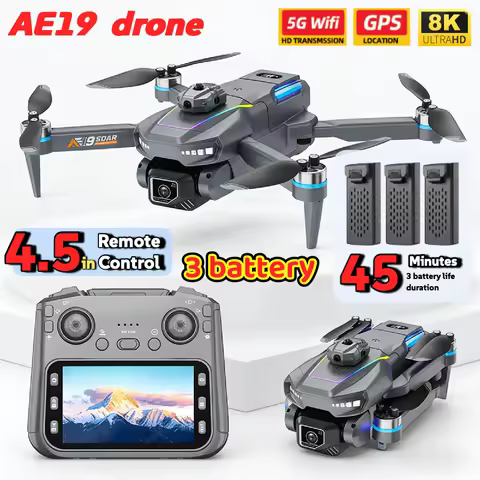 AE19 GPS Drone 4.3" LCD 8K 4K Dual Cam FPV 360° Obstacle Avoidance 3 Battery Options Professional RC