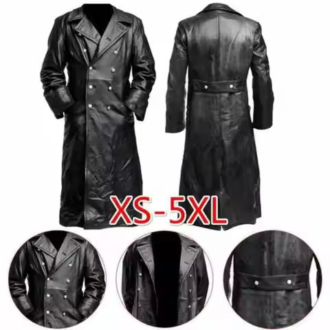 MEN's GERMAN CLASSIC WW2 MILITARY UNIFORM OFFICER BLACK LEATHER TRENCH COAT