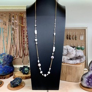 Baroque Pearl Necklace Decorated With Pink Opal Stone 2-Layer Chain