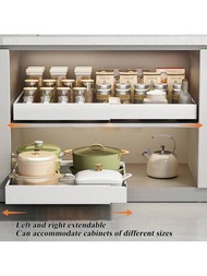 1入白色可伸縮儲物架（寬度可調整），適用於廚房或餐廳櫥櫃，無需安裝，可輕鬆轉化為抽屜式架子，以碳鋼製成並具有烤漆塗層，美觀，堅固且耐用