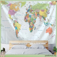 World Map Tapestry High-Definition Map Fabric Wall Hanging Decor Watercolor Map Letter Polyester Tab