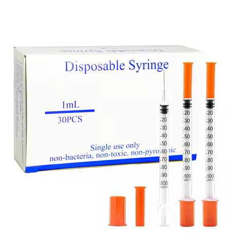 30PCS/pack, 1ml Sterilized Individually Wrapped Syringe with Orange Cap & 30G 5/16 inch 8mm Needle f