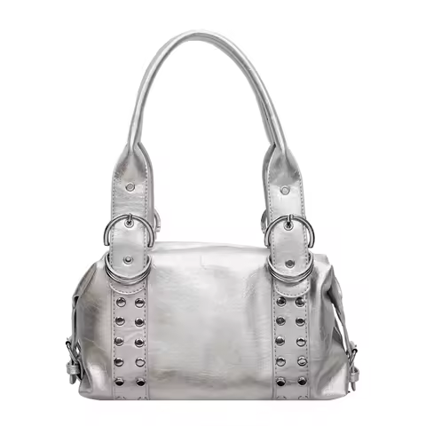Y2K Punk Silver Studded Handbag Retro 90s Style Top Handle Bag For Women Metallic Boston Bag Vintage