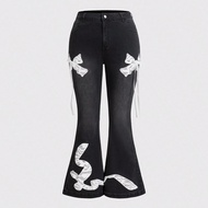 Plus Size Black Jeans, Casual Skinny Stretch Bootcut Pants With Bow Decor Summer Vacation Woman 90s