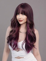 Nicky Wall 長捲鬆波女士假髮,紫色突顯設計、帶瀏海,耐高溫捲曲髮型,日常或派對使用24吋