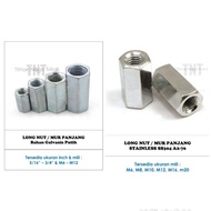 Long nut M6 thread 1.0 stainless steel material galvanized/ m6x1.0, nut length 30 mm, key nut 10