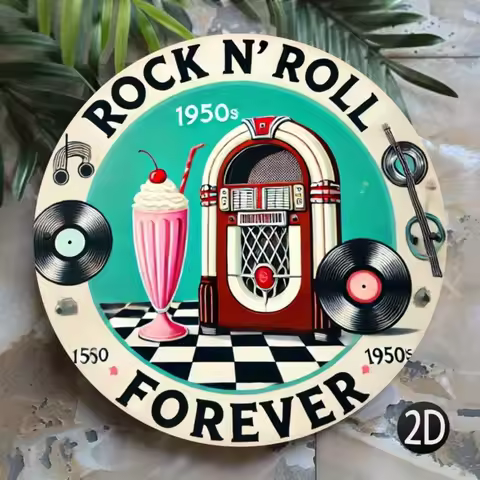 1pc 8x8" Vintage "Rock 'n' Roll Forever" Aluminum Wall Sign - Retro 1950s Jukebox Design w/Cherry Mu