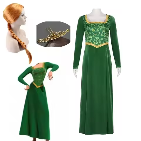 Anime Fiona Cosplay Costume Ladies Women Green Fiona Cos Shrek Wife Princess Dress Headgear Wigs Cap