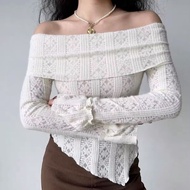 F&amp;L Women Clothes Korean Niche Design off-Shoulder Long Sleeve Lace T-shirt Women's Western Style All-Matching Short Irregular Bottoming Shirt (READY STOCK)