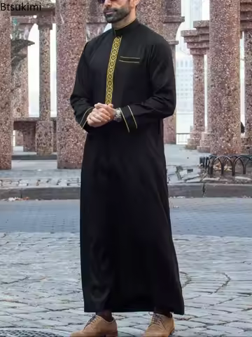 Ethnic Style Muslim Men Dress Moroccan Pakistan Thobe Patchwork Embroidery Stand Collar Robe Saudi A