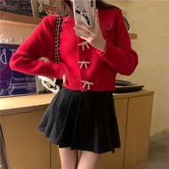 Women's Autumn Fashion Cardigan - Long Sleeve Knitted with Bowknot Detail | Red | RNS1