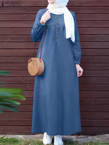 2024 ZANZEA Women Muslim Dresses Vintage Abaya Hijab Dress Jilbab Islamic Clothing Fashion Long Slee