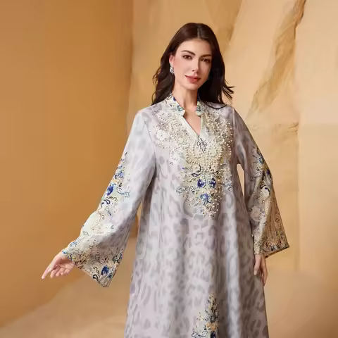 Arabian Long Muslim Dress Leopard Print Bead Embellished Abaya Women's Fashion Middle East Cross-Bor