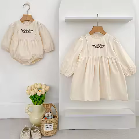 Sisters Dress Autumn Kids Baby Girls Retro Embroidery Sisters Lace Dress Infant Rompers Kids Baby Gi