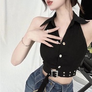 New Women Sexy Halter Polo Neck Backless Tank Top Metal Buckle Black