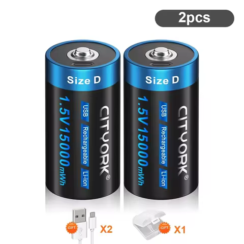 CITYORK 1.5V D Size Battery USB Rechargeable Li-ion Batteries D Lipo R20 LR20 Battery for Gas Stove 