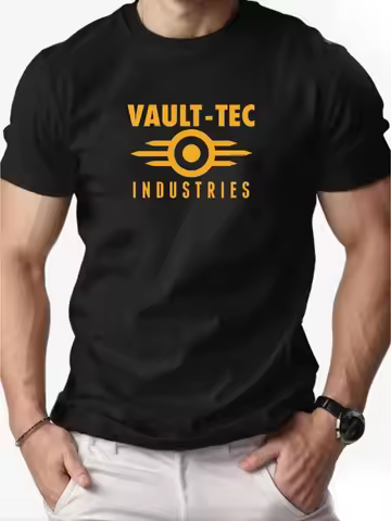 VAULT-TEC Men'S Patterned T-Shirt | Deep Gray with Bold Vault-Tec Logo Lightweight Summer Casual Wea